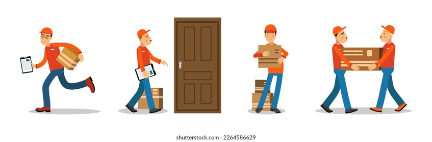Delivery Man or Carrier in Red Cap Carrying Cardboard Box Vector Set