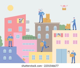 A delivery man carries a box between the complex apartment buildings. flat vector illustration.