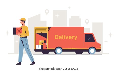 Delivery man carries box from van vector illustration. White background
