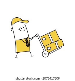 Delivery man carries cardboard boxes on a trolley. Funny stick figure man. Doodle style. Vector illustration.