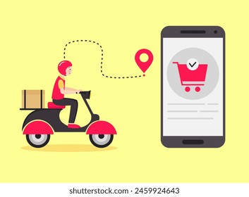 A delivery man carries a package on a scooter to a client. Online shopping concept. Vector flat illustration.