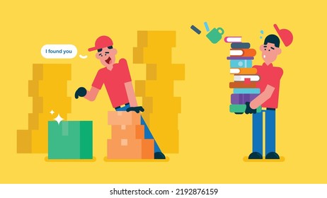 Delivery man carry boxes and books, falling down on the floor, Delivery with red cap feeling happy because he found the lost green box, i found you, Flat avatar vector illustration