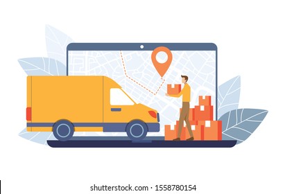 The Delivery man carry parcels to Delivery truck on GPS map laptop screen background. Order Tracking concept. Vector illustration flat design style. 