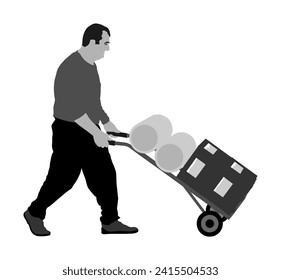 Delivery man carrying barrel of drinks by cart vector illustration. Post man package. Distribution storehouse. Worker holding heavy load for moving service. Handy man move beer. Hand transportation.