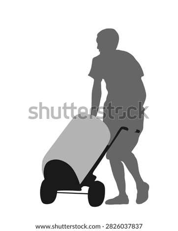 Delivery man carrying barrel of goods by cart vector silhouette. Post man with package. Distribution storehouse. Boy holding heavy load for moving service. Handy man move action. Hand transportation
