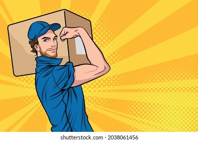 delivery man carrying big heavy carton box on shoulder we can do it In Retro Vintage Pop Art Comic Style