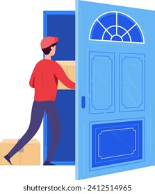 Delivery man carrying box entering blue door. Courier in red shirt delivers package. Home delivery service, online shopping vector illustration.