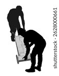 Delivery man carrying box on cart pallet package vector silhouette isolated. Distribution storehouse. Laborer boy holding load service. Handy man shipping move action workers moving down the stairs.
