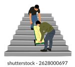 Delivery man carrying box on cart pallet package vector illustration isolated. Distribution storehouse. Laborer boy holding load service. Handy man shipping move action workers moving down the stairs.