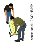 Delivery man carrying box on cart pallet package vector illustration isolated. Distribution storehouse. Laborer boy holding load service. Handy man shipping move action workers moving down the stairs.
