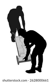 Delivery man carrying box on cart pallet package vector silhouette isolated. Distribution storehouse. Laborer boy holding load service. Handy man shipping move action workers moving down the stairs.