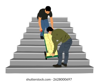 Delivery man carrying box on cart pallet package vector illustration isolated. Distribution storehouse. Laborer boy holding load service. Handy man shipping move action workers moving down the stairs.
