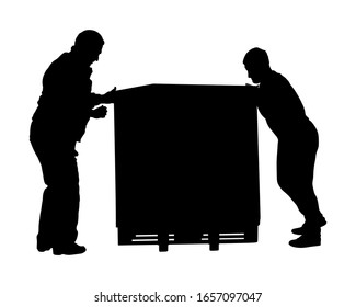 Delivery man carrying box pallet package vector silhouette isolated. Distribution storehouse. Boy holding heavy load moving service. Handy man shipping move action. Workers moving transportation.