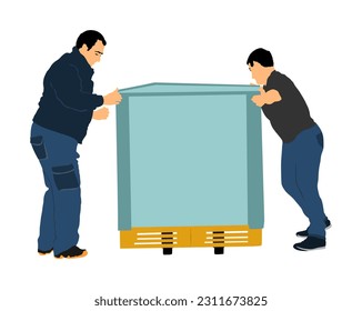 Delivery man carrying box pallet package vector illustration isolated. Distribution storehouse. Boy holding heavy load moving service. Handy man shipping move action. Workers moving transportation.