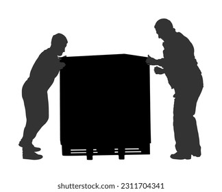 Delivery man carrying box pallet package vector silhouette isolated. Distribution storehouse. Boy holding heavy load moving service. Handy man shipping move action. Workers moving transportation.