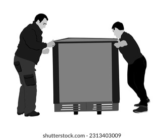 Delivery man carrying box pallet package vector illustration isolated. Distribution storehouse. Boy holding heavy load moving service. Handy man shipping move action. Workers moving transportation.