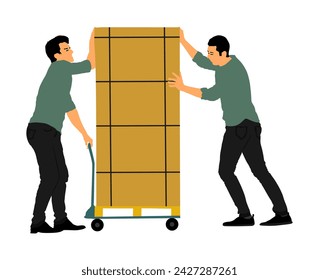 Delivery man carrying box pallet package vector illustration isolated. Distribution storehouse. Boy holding heavy load moving service. Handy man shipping move action. Workers moving transportation.