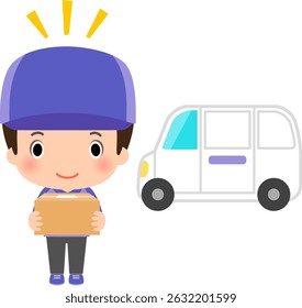 Delivery man carrying a box and a wagon