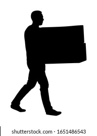 Delivery man carrying boxes of good vector silhouette. Post man with package. Distribution storehouse. Boy holding heavy load moving service Handy man move action. Fast food hand transportation method