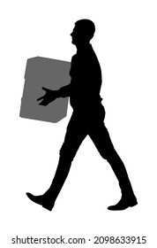 Delivery man carrying boxes of good vector silhouette. Post man with package. Distribution storehouse. Boy holding heavy load moving service Handy man move action. Fast food hand transportation method