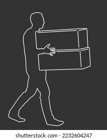 Delivery man carrying boxes of good vector line contour. Post man with package. Distribution storehouse. Boy holding heavy load moving service. Handy man move action. Hand transportation method