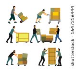 Delivery man carrying boxes of goods vector. Post man with package. Distribution storehouse. Boy holding heavy load for moving service. Handy man in move action. Hand transportation method by cart.