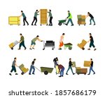 Delivery man carrying boxes of goods vector isolated. Post man with package. Distribution storehouse. Boy holding heavy load moving service. Handy man move action. Hand transportation method by cart