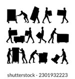 Delivery man carrying boxes of goods vector silhouette isolated. Post man package. Distribution storehouse. Boy holding heavy load moving service. Handy man move action. Hand transportation by cart.
