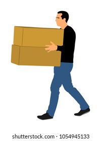 Delivery man carrying boxes of goods. Post man with package . Distribution and procurement. Boy holding heavy package for moving service. Handy man walking in move action. Hand transportation method.