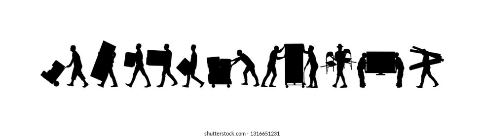 Delivery man carrying boxes of goods vector silhouette. Post man with package. Distribution procurement. Boy holding heavy load for moving service. Handy man in move action. Hand transportation method