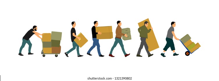 Delivery man carrying boxes of goods. Post man with package . Distribution and procurement. Boy holding heavy package for moving service. Handy man walking in move action. Hand transportation method.