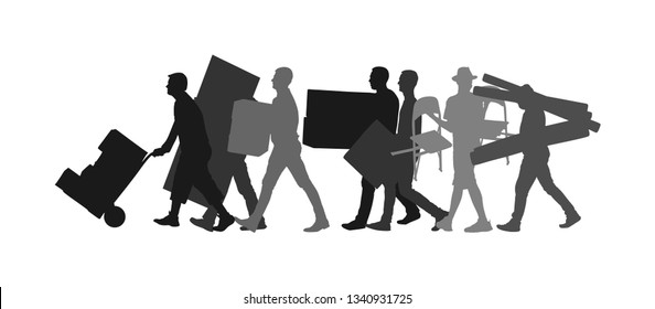 Delivery man carrying boxes of goods vector silhouette. Post man with package. Distribution procurement. Boy holding heavy load for moving service. Handy man in move action. Hand transportation method