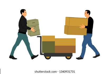 Delivery man carrying boxes of goods vector. Post man with package. Distribution storehouse. Boy holding heavy load for moving service. Handy man in move action. Hand transportation method by cart.