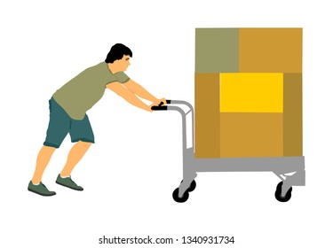Delivery man carrying boxes of goods vector. Post man with package. Distribution procurement. Boy holding heavy load for moving service. Handy man in move action. Hand transportation method by cart.