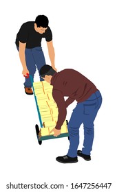 Delivery man carrying boxes of goods vector. Post man with package. Distribution storehouse. Boy holding heavy load for moving service. Handy man in move action. Hand transportation method by cart.