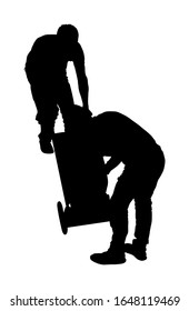 Delivery man carrying boxes of goods vector silhouette. Post man with package. Distribution storehouse. Boy holding heavy load for moving service. Handy man move action. Hand transportation by cart.