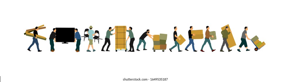 Delivery man carrying boxes of goods. Post man with package . Distribution and procurement. Boy holding heavy package for moving service. Handy man walking in move action. Hand transportation method.