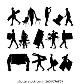 Delivery man carrying boxes of goods vector silhouette illustration. Post man package. Distribution procurement. Boy holding heavy package moving service. Handy man move action. Hand transportation.