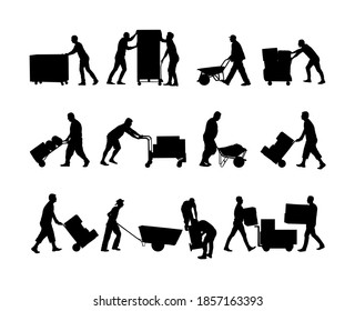 Delivery man carrying boxes of goods vector silhouette. Post man with package. Distribution storehouse. Boy holding heavy load moving service. Handy man move action. Hand transportation method by cart