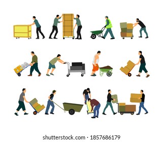 Delivery man carrying boxes of goods vector isolated. Post man with package. Distribution storehouse. Boy holding heavy load moving service. Handy man move action. Hand transportation method by cart