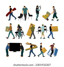 Delivery man carrying boxes of goods vector illustration isolated. Post man package. Distribution procurement. Boy holding heavy package moving service. Handy man move action. Hand transportation.