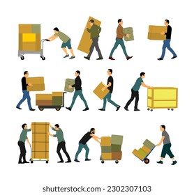 Delivery man carrying boxes of goods vector isolated. Post man with package. Distribution storehouse. Boy holding heavy load moving service. Handy man move action. Hand transportation method by cart