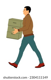 Delivery man carrying boxes of goods vector. Post man with package. Distribution storehouse. Boy holding heavy load for moving service. Handy man in move action. Hand transportation method by cart.