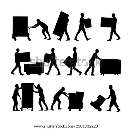 Delivery man carrying boxes of goods vector silhouette isolated. Post man package. Distribution storehouse. Boy holding heavy load moving service. Handy man move action. Hand transportation by cart.