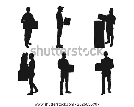 Delivery man carrying boxes of goods vector silhouette. Delivery man with parcel silhouette vector. Post man package. man with a box in his hands silhouette on a white background.	