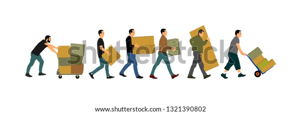 Delivery man carrying boxes of goods. Post man\
with package . Distribution and procurement. Boy holding heavy\
package for moving service. Handy man walking in move action. Hand\
transportation\
method.