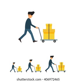 Delivery man carrying boxes on trolley