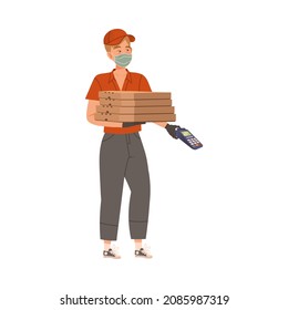 Delivery man carrying boxes with pizza and POS terminal cashless payment machine cartoon vector illustration