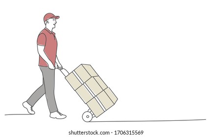 Delivery man carrying cardboard boxes on a trolley. Delivery service concept. Hand drawn vector illustration. 