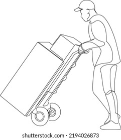 Delivery man carrying cardboard boxes on a trolley. Delivery service concept. Continuous line drawing vector illustration.